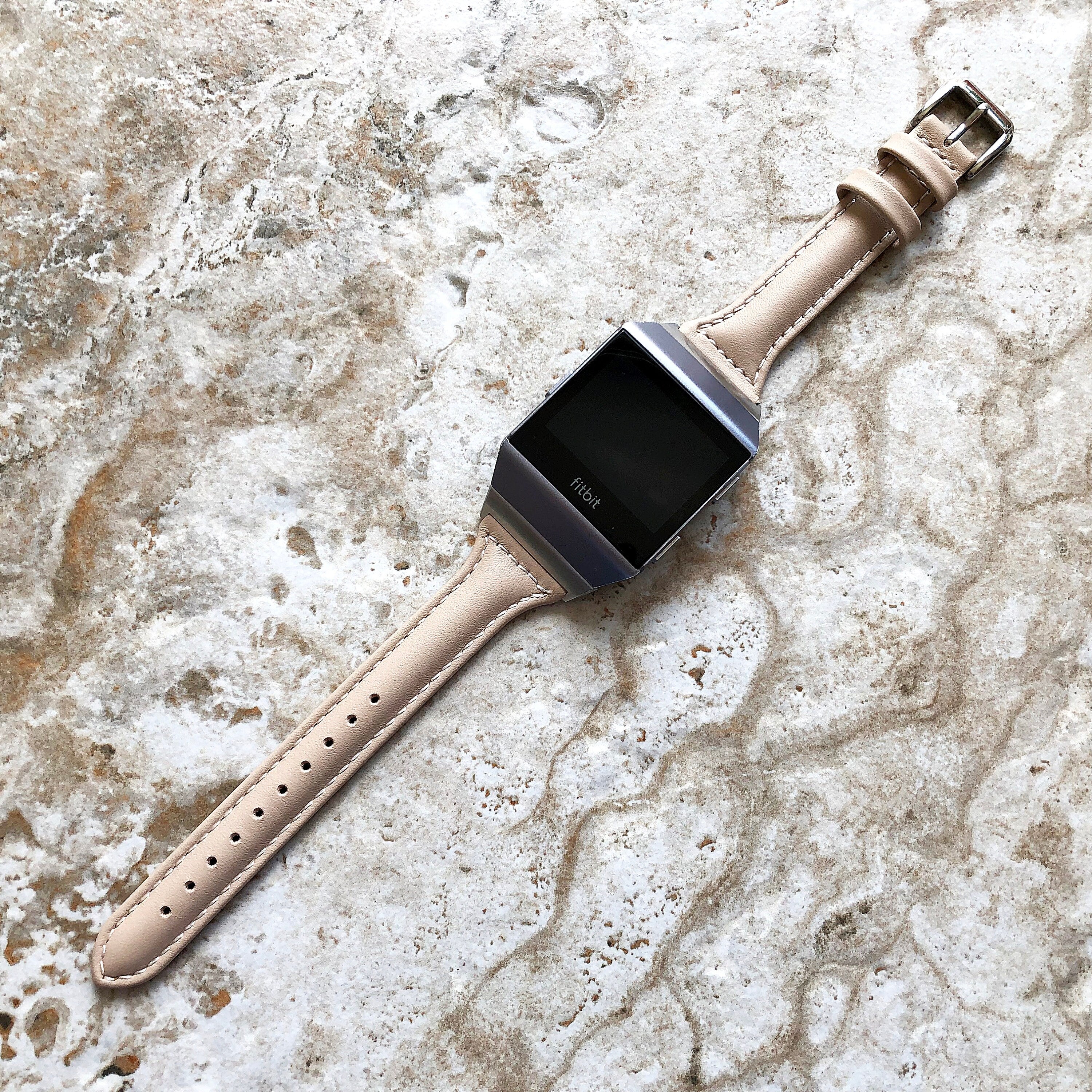 Fitbit Ionic Beige Smooth Slim Elegant Soft Leather Band Strap Bracelet for Smartwatch Quick Release Adapters in Silver Rose Gold Black